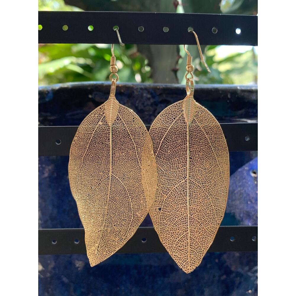 Gold Dipped Long Leaf Earrings - image 3